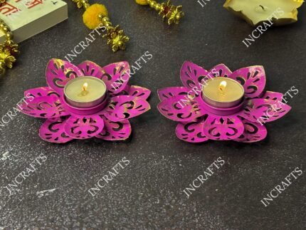 COTWORK SHAPED PINK METAL DIYA (Set of 2)