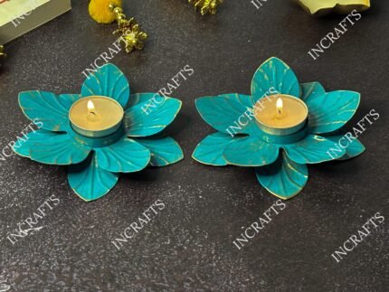 EMBOSSED SHAPED BLUE METAL DIYA (Set of 2)