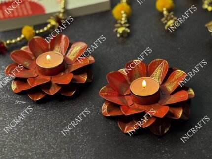 PETAL SHAPED ORANGE  METAL DIYA (Set of 2)