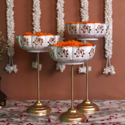 Standing Lotus Urli White & Gold Finished