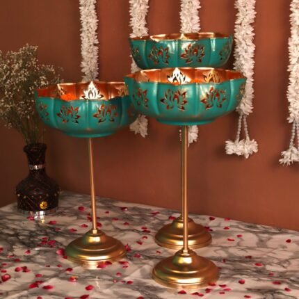 Standing Lotus Urli Green & Gold Finished