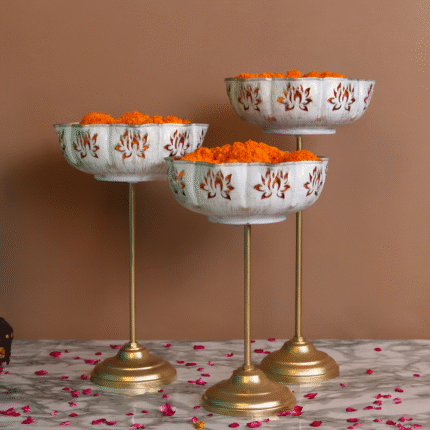Standing Lotus Urli White & Gold Finished